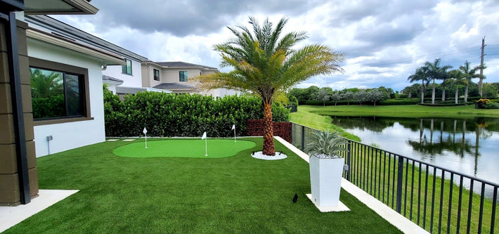 Miniature golf putting green installed with artificial grass for backyard entertainment in Miami