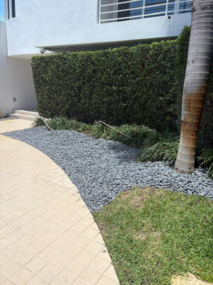Modern hardscape design using clean stone lines in a Miami backyard project