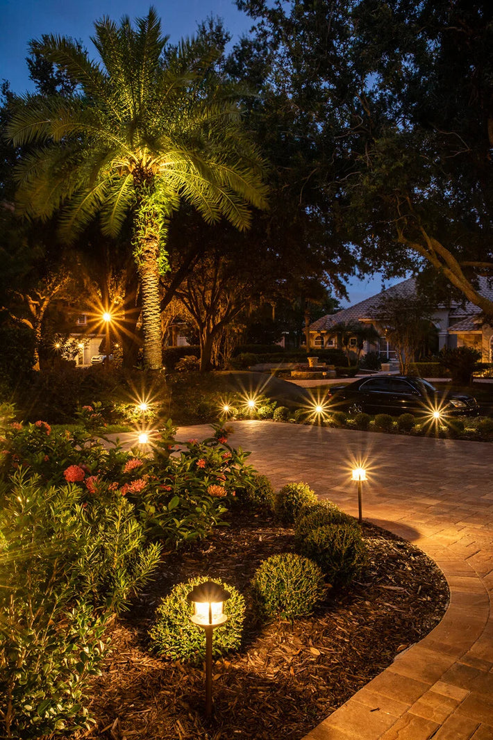 Modern outdoor lighting design highlighting architectural and landscape features in Miami