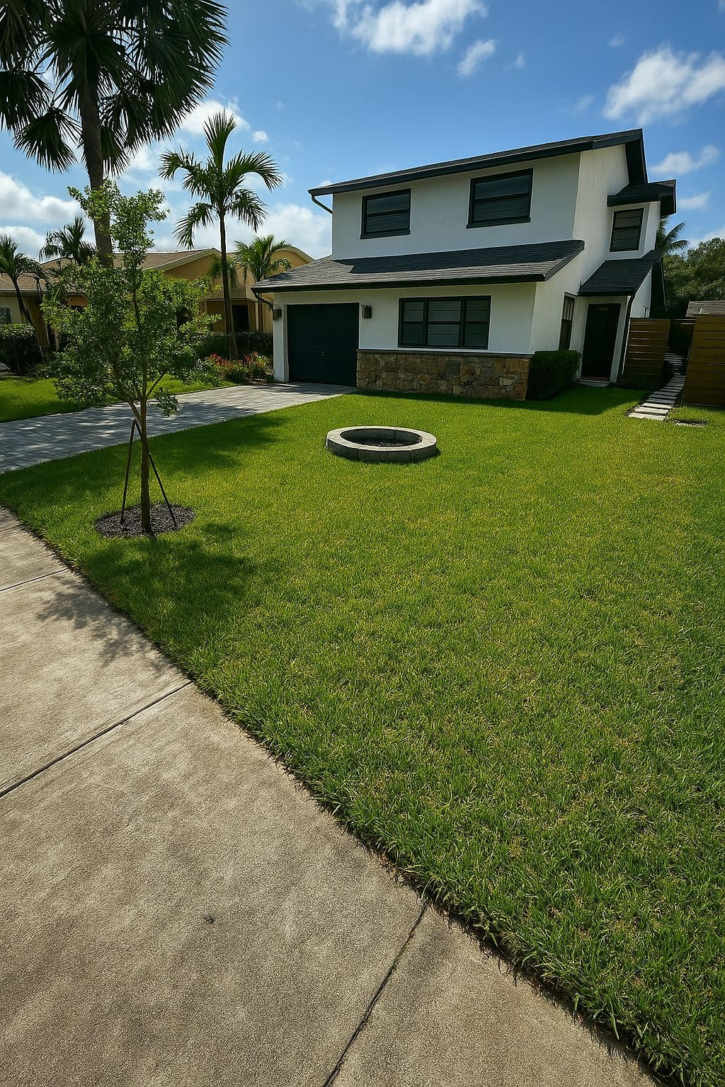 New sod being laid in a backyard for a lush lawn in Miami